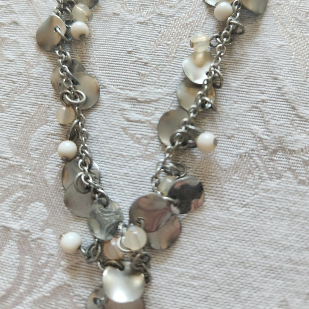 Long Silver toned 22" Necklace with Silver Decorative Disks and White Bobbles